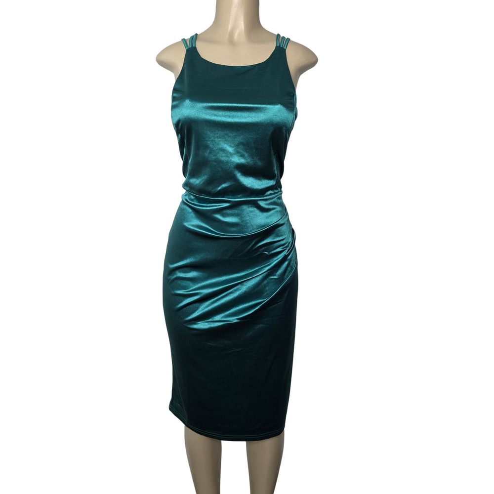 Grace Karin Dress Womens XL Green Satin Ruched Cocktail Strappy Back Midi